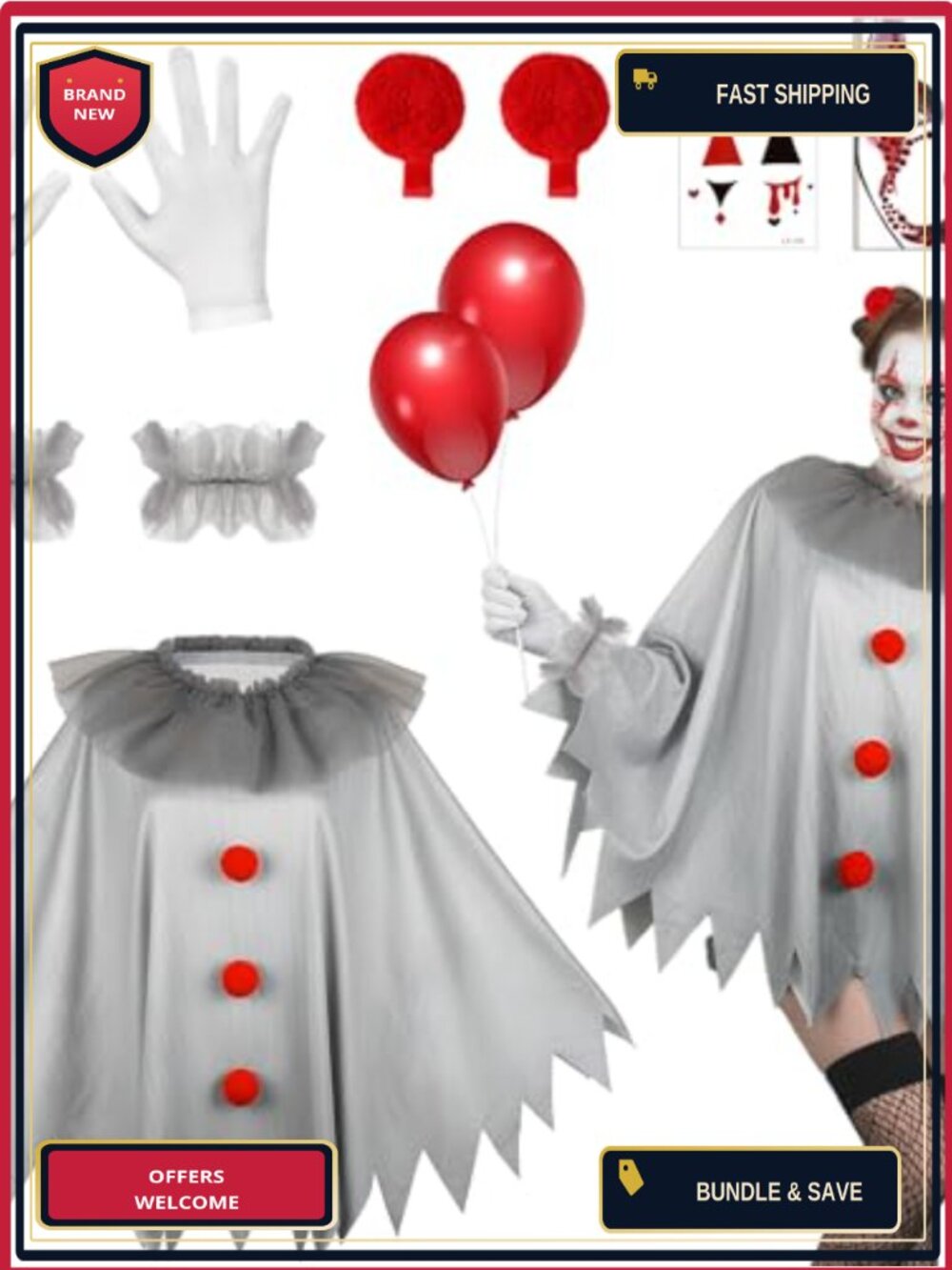 Adult Scary Clown Costume Poncho Set Face Gems Gloves Hair Clip Halloween
